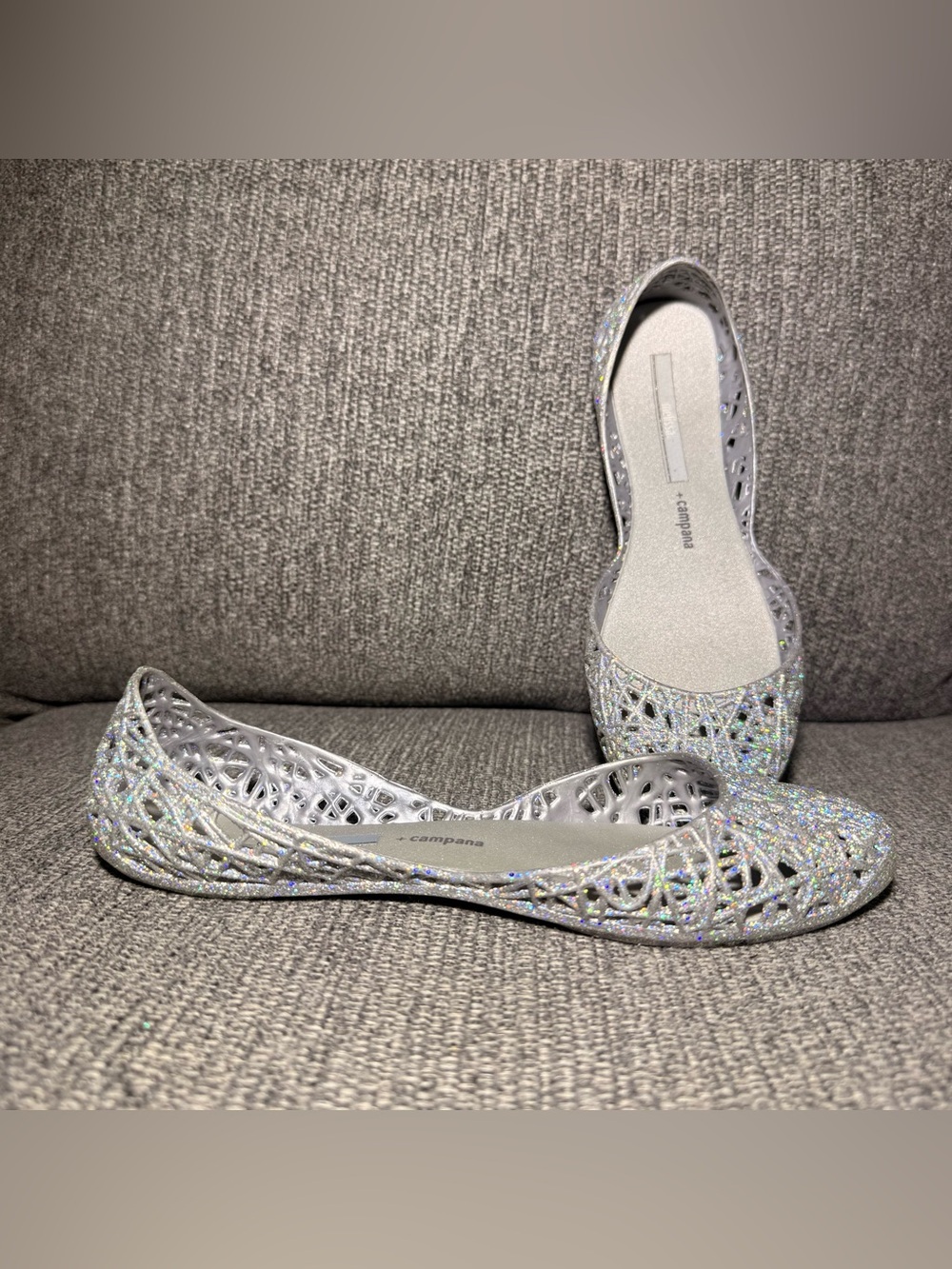 Melissa Campana Zig Zag jelly flats silver sparkle shoes size 6